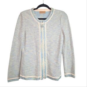 Vintage Montini Women's Blue and Cream Sweater